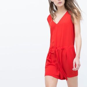 Zara Red Short Jumpsuit Romper With Bow At Waist